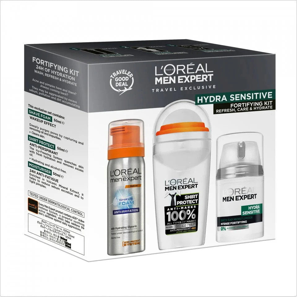 Travel Set L'Oreal Paris: Men Expert, Alcohol-Free, Hydrating & Regenerating, Day & Night, Cream, For Face, 50 ml + Men Expert, Alcohol-Free, Anti-Sweat, Deodorant Roll-On, For Men, 50 ml + Men Expert, Glycerin, Against Irritation, Shaving Foam, 50 ml